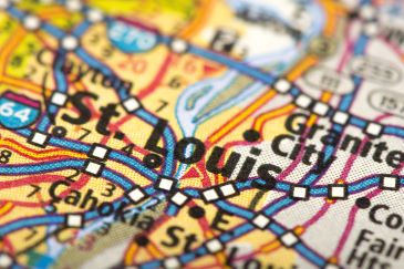 Closeup of St. Louis, Missouri on a road map of the United States.